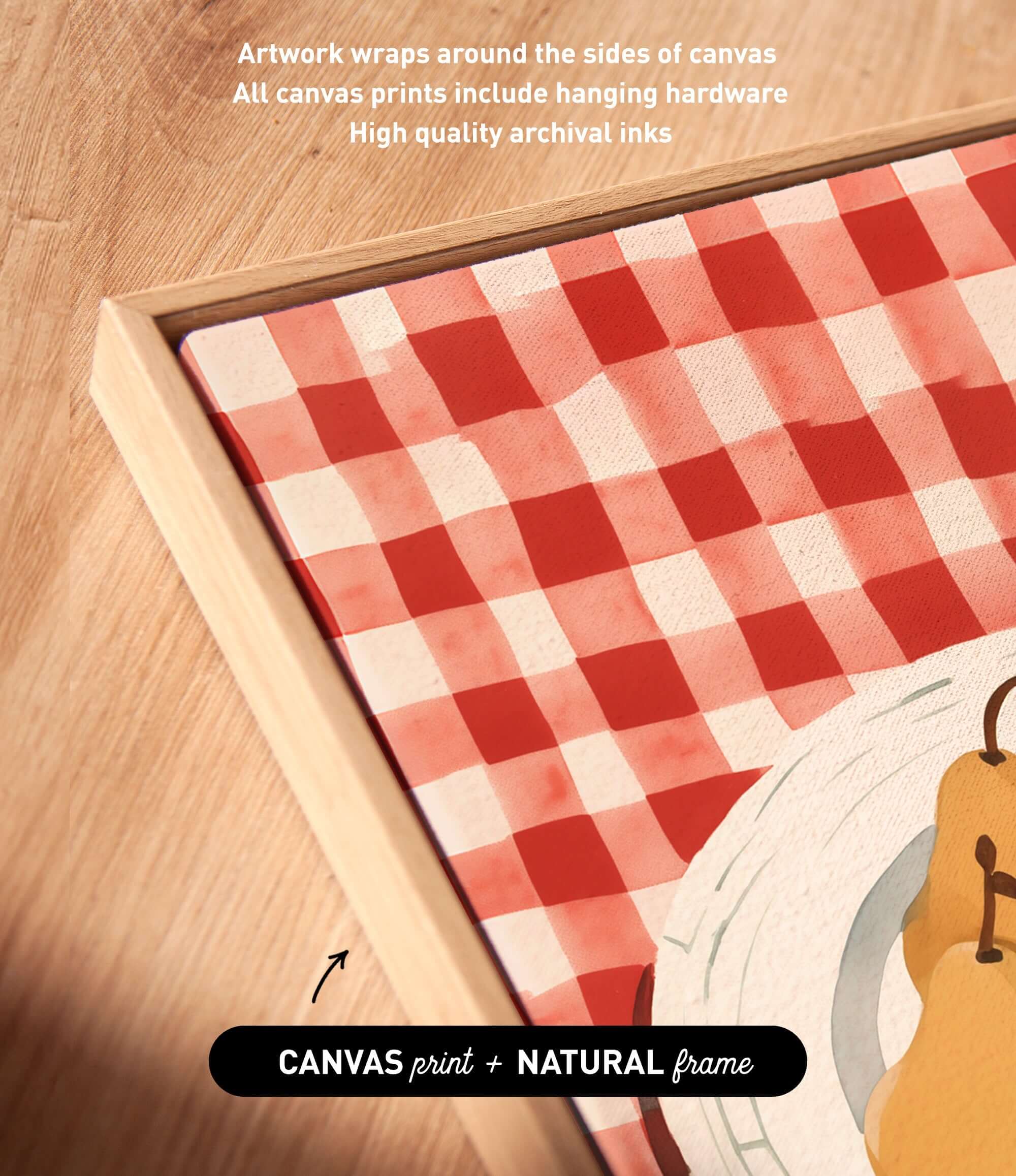 a close-up view of a canvas print with a red and white checkered pattern, placed on a wooden surface.