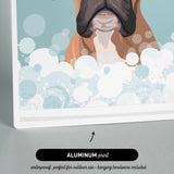 The image is an illustration of a dog in a bathtub filled with bubbles, and it is an "ALUMINUM print" that is waterproof and perfect for outdoor use, as well as including hanging hardware.