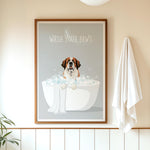 A framed poster with a cartoon image of a dog sitting in a bathtub, surrounded by bubbles, with the text "WASH YOUR PAWS" displayed above it.