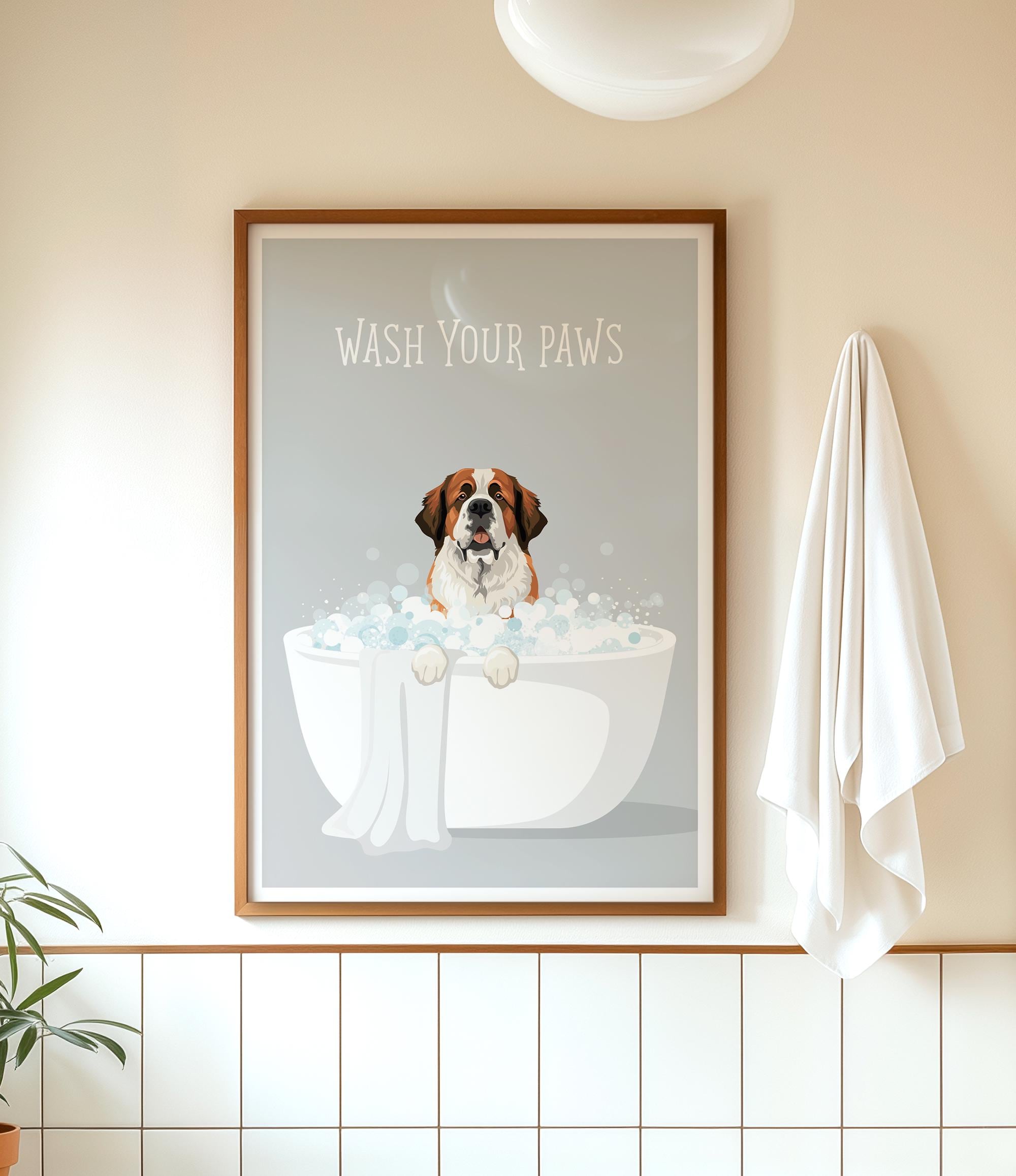A framed poster with a cartoon image of a dog sitting in a bathtub, surrounded by bubbles, with the text "WASH YOUR PAWS" displayed above it.