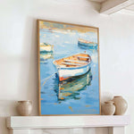 a large painting of a boat floating on a body of water, displayed on a white wall above a fireplace mantel.