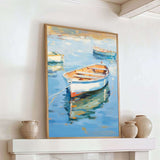 a large painting of a boat floating on a body of water, displayed on a white wall above a fireplace mantel.