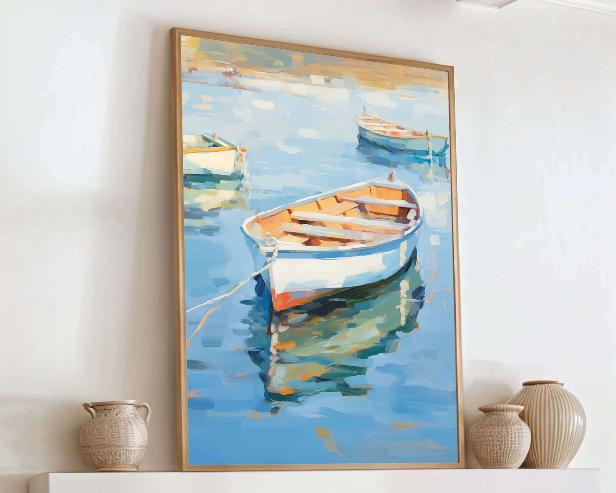 a large painting of a boat floating on a body of water, displayed on a white wall above a fireplace mantel.