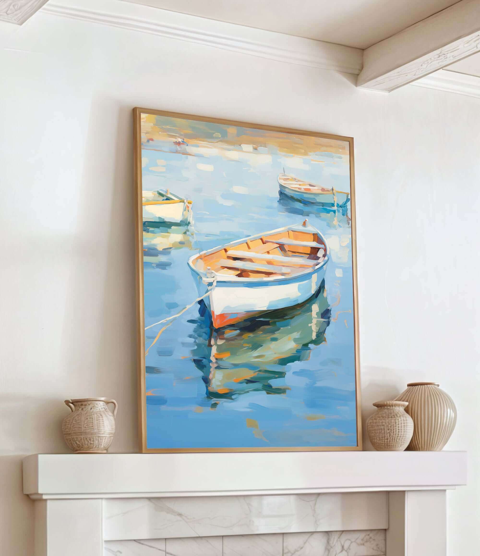 a large painting of a boat floating on a body of water, displayed on a white wall above a fireplace mantel.