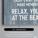 Close-up of the Beach House Rules Sign, painted wood in harbor blue, featuring white beach-themed text—ideal coastal wall art or decor accent for your beach house.