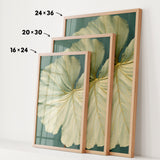 three framed pictures of large, leafy plant leaves, each with a different size and frame. The largest frame is 24 x 36 inches, the medium frame is 20 x 30 inches, and the smallest frame is 16 x 24 inches. The frames are arranged in a row, with the largest frame on the left, the medium frame in the middle, and the smallest frame on the right.