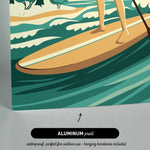 The image is an illustration of a person standing on a surfboard in the ocean, with trees and waves in the background.