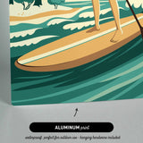 The image is an illustration of a person standing on a surfboard in the ocean, with trees and waves in the background.