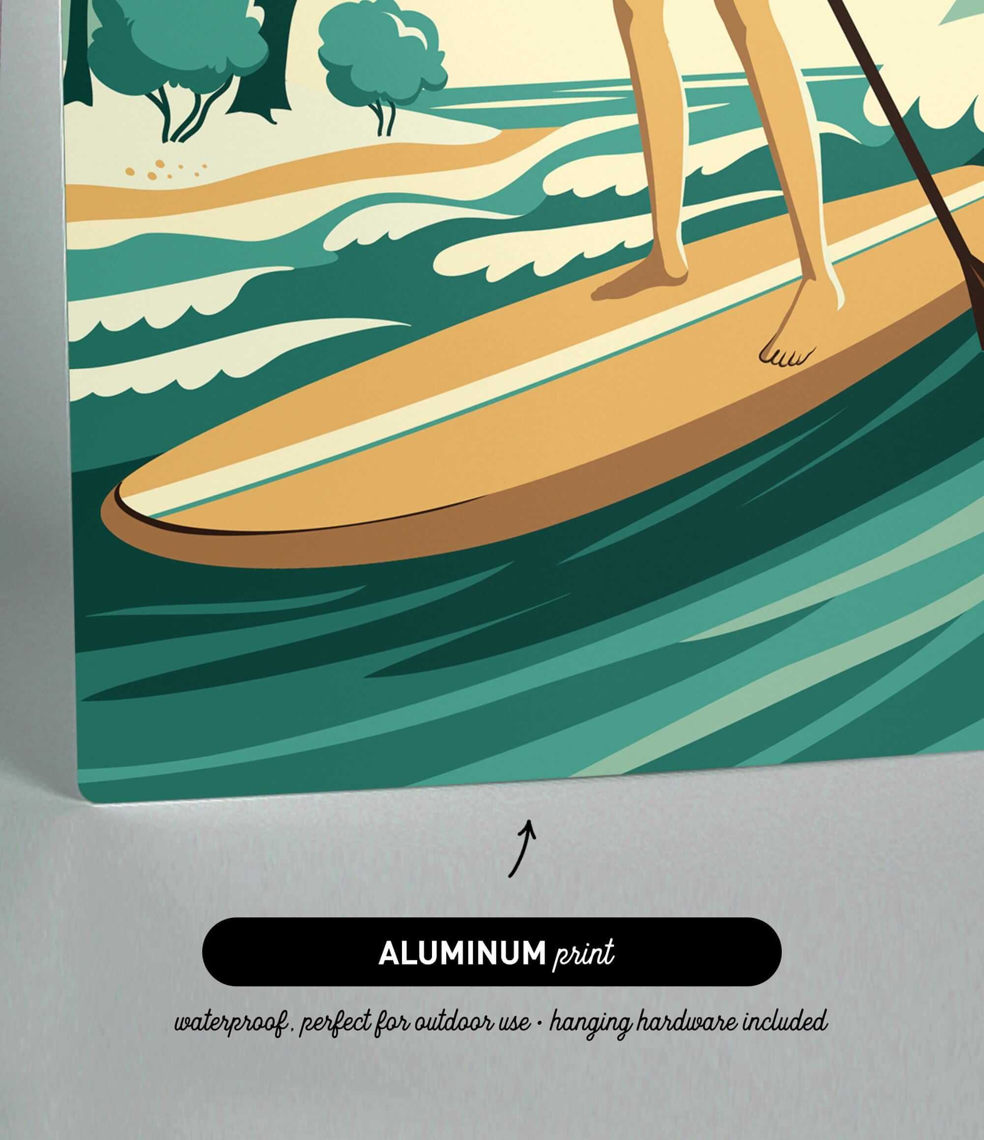 The image is an illustration of a person standing on a surfboard in the ocean, with trees and waves in the background.