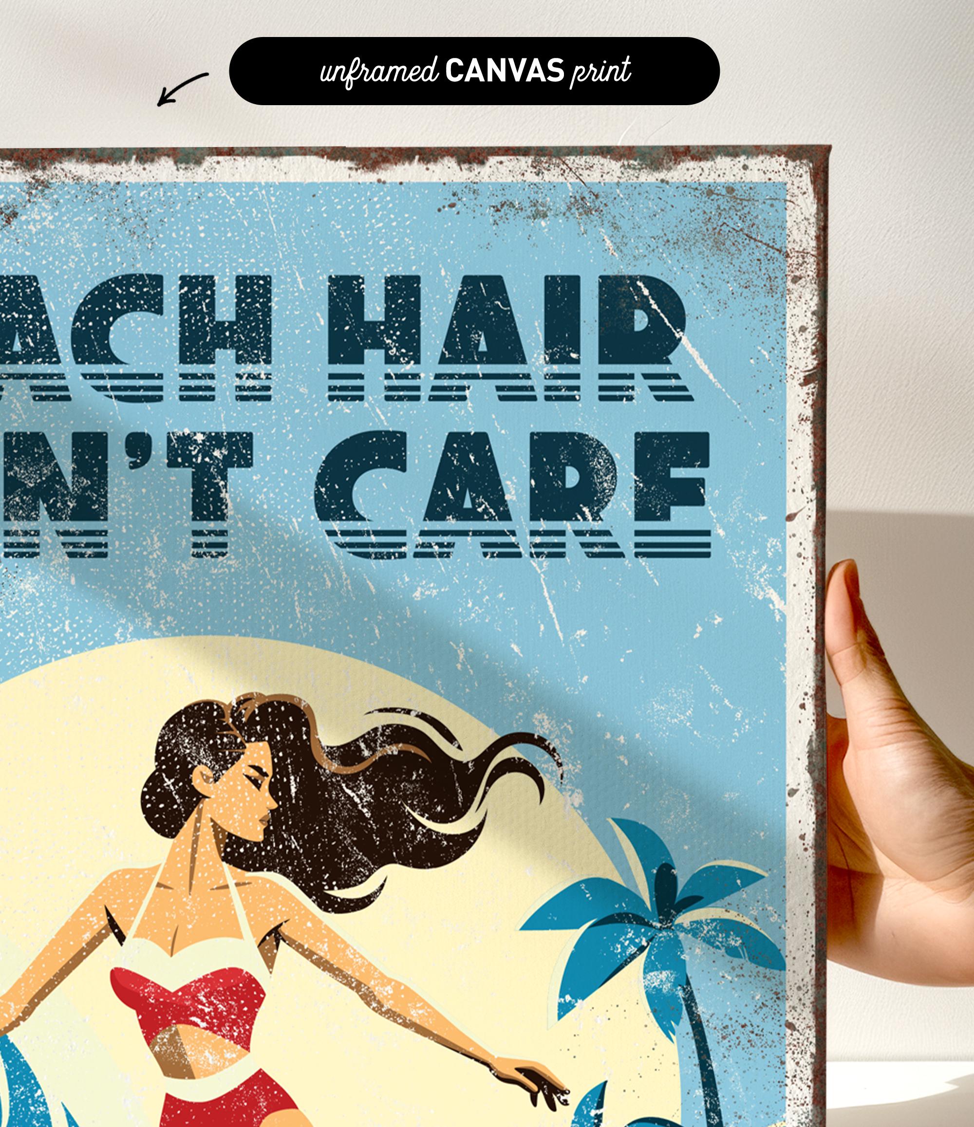 The image is a vintage-style canvas print featuring a woman with long hair and a beach scene with palm trees.