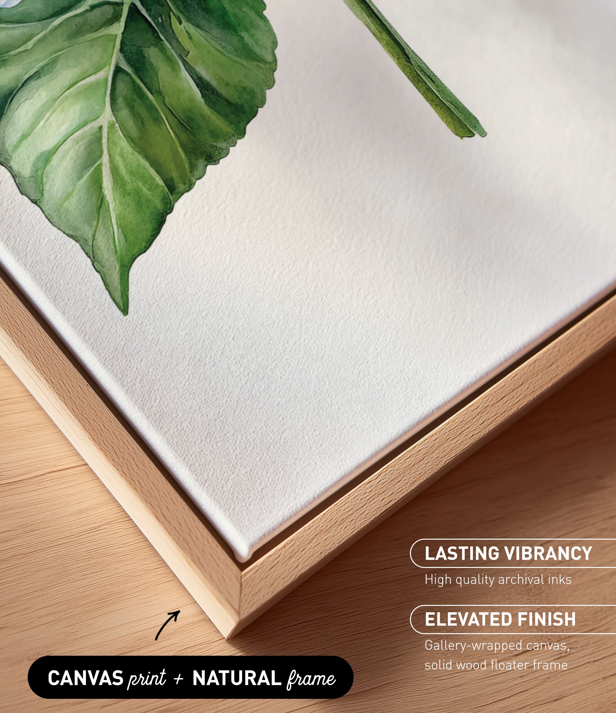 a close-up view of a canvas print with a natural frame, showcasing a detailed view of a green leaf and a stem.