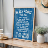 The Beach House Rules Sign, Painted Wood in Ocean Blue, features charming reminders and makes perfect coastal wall art for your shelf or beach home decor.