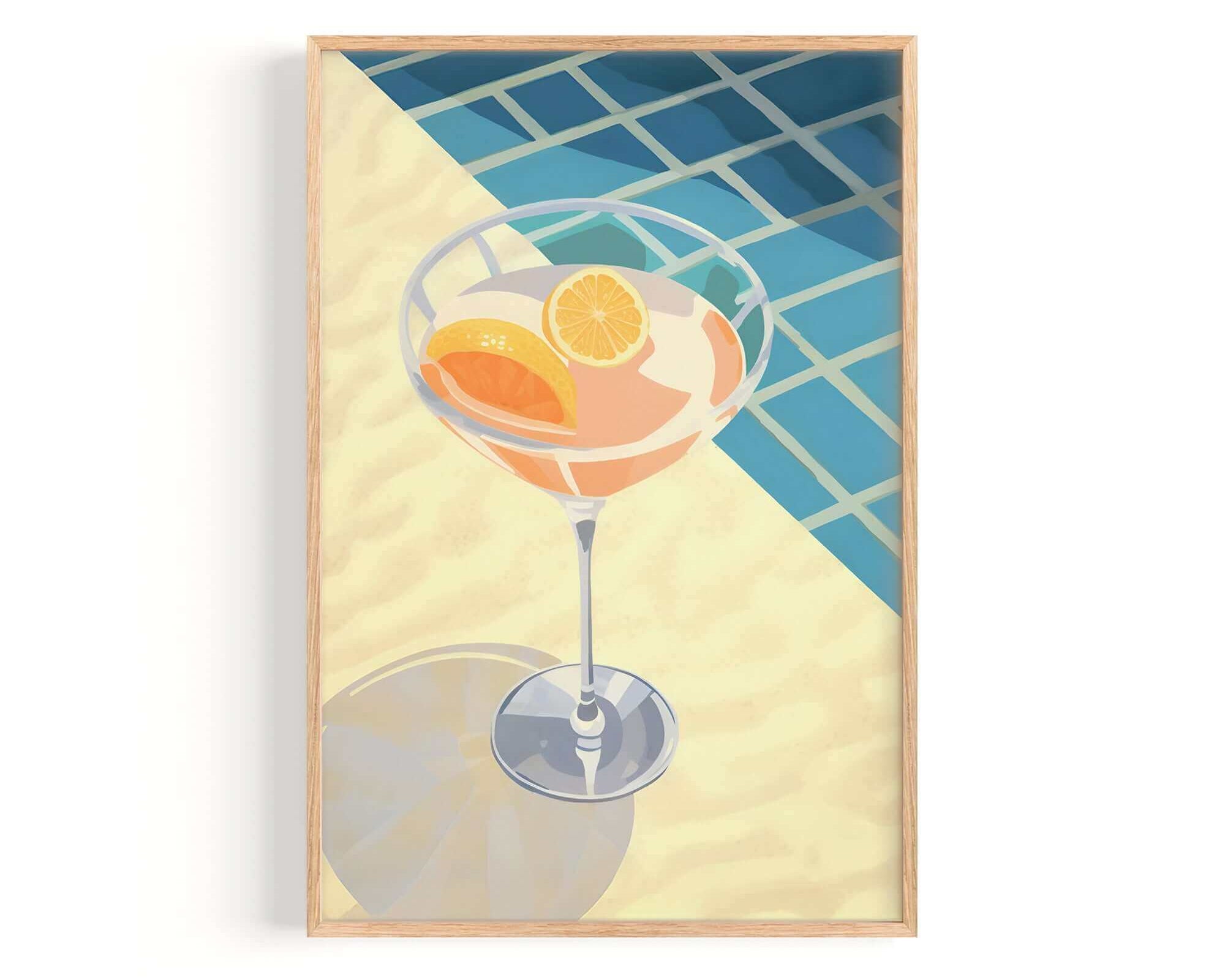 A framed illustration of a glass of orange juice with slices of orange on a blue and yellow background.