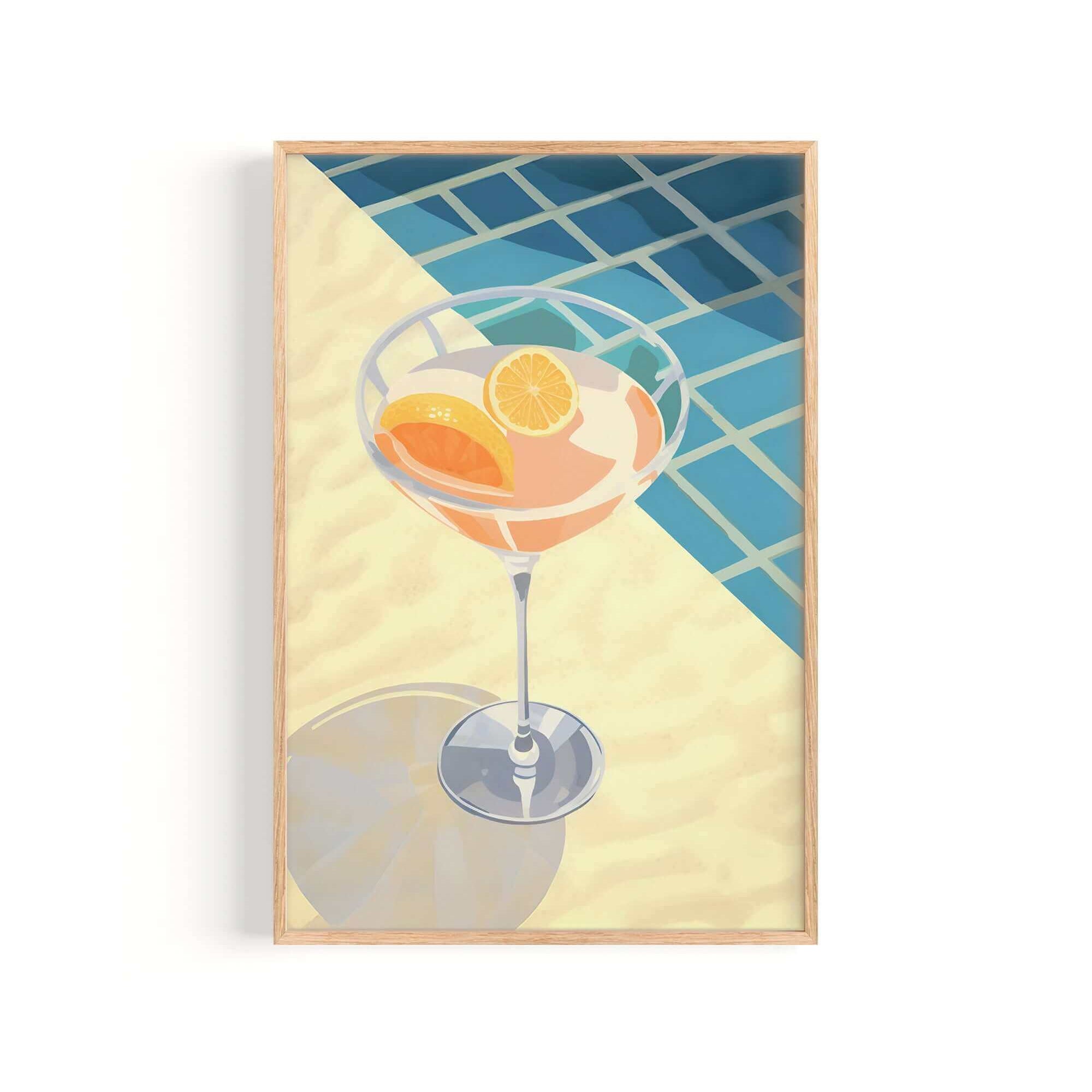 A framed illustration of a glass of orange juice with slices of orange on a blue and yellow background.