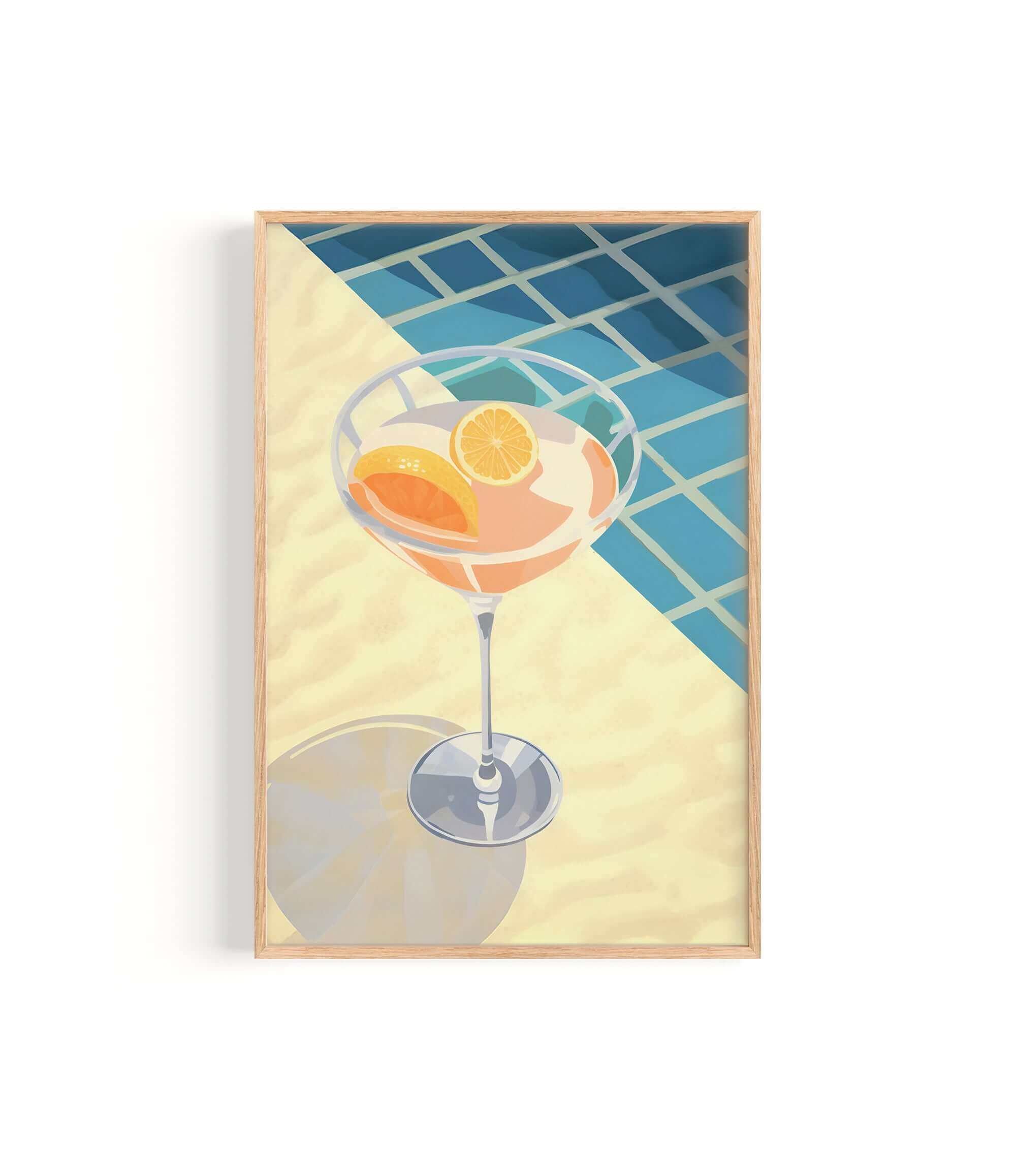 A framed illustration of a glass of orange juice with slices of orange on a blue and yellow background.