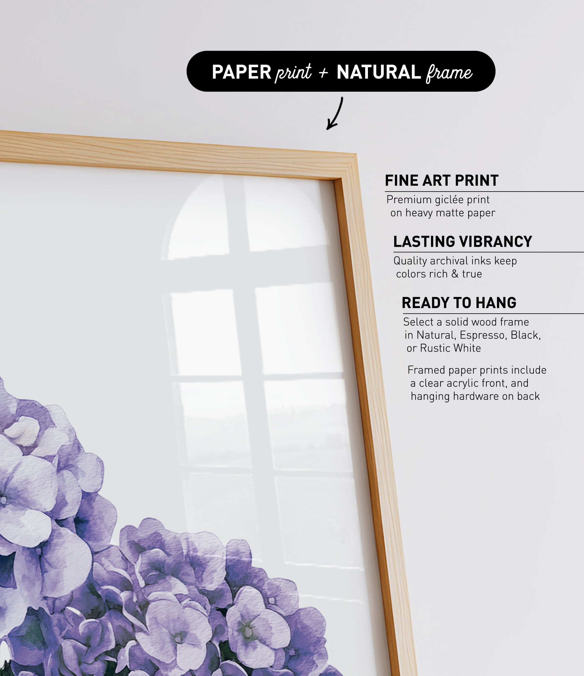 a close-up of a beautiful purple flower, with a wooden frame surrounding it.