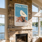 a fireplace with a framed poster of a woman in a hat and swimsuit above it, and a scenic view of a lake and trees outside the window.