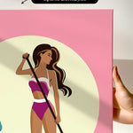 a woman in a pink swimsuit holding a paddle, with a pink and yellow background.