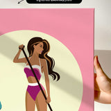 a woman in a pink swimsuit holding a paddle, with a pink and yellow background.