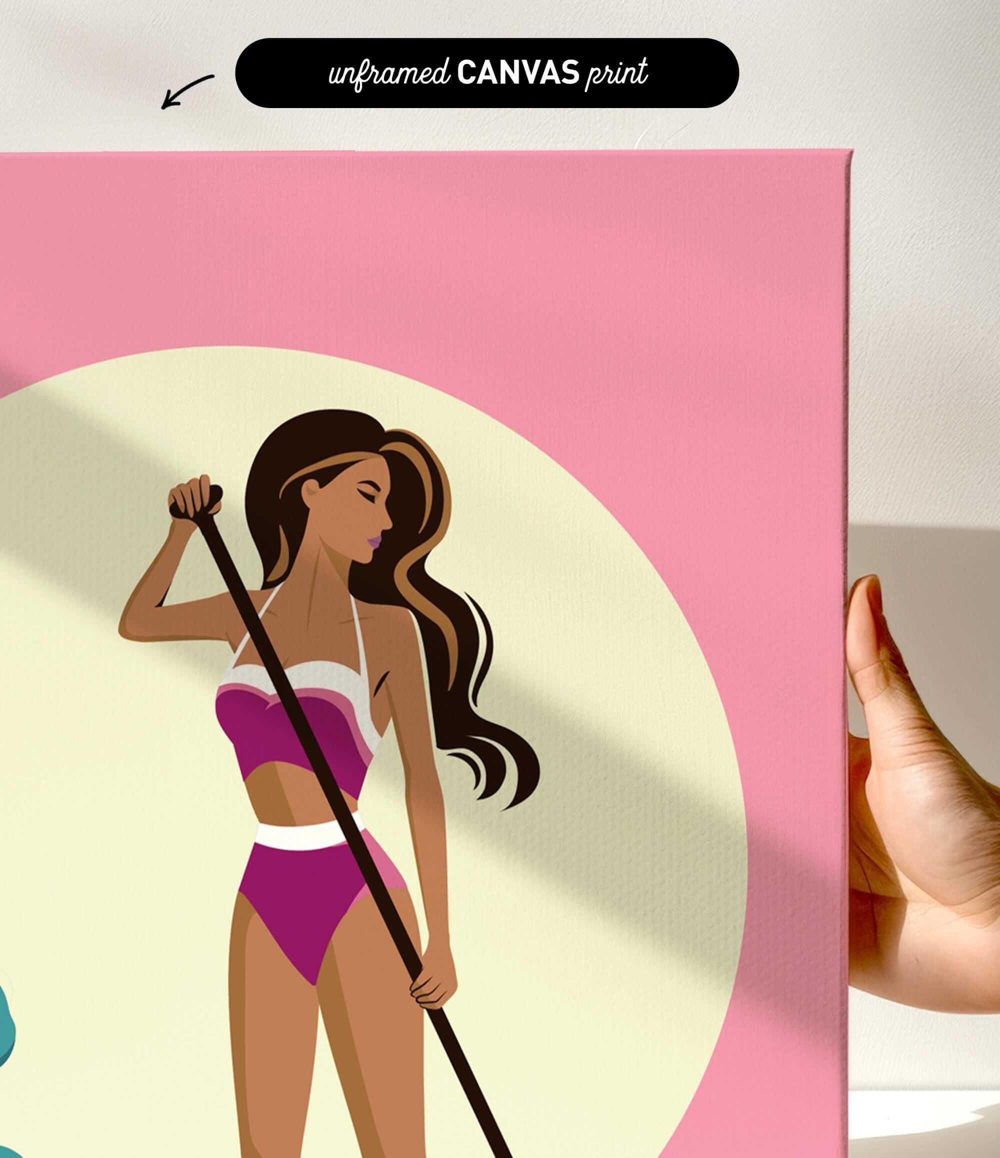 a woman in a pink swimsuit holding a paddle, with a pink and yellow background.