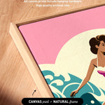 a woman in a pink dress standing in front of a seascape with a wave, and the artwork wraps around the sides of the canvas.
