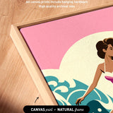 a woman in a pink dress standing in front of a seascape with a wave, and the artwork wraps around the sides of the canvas.