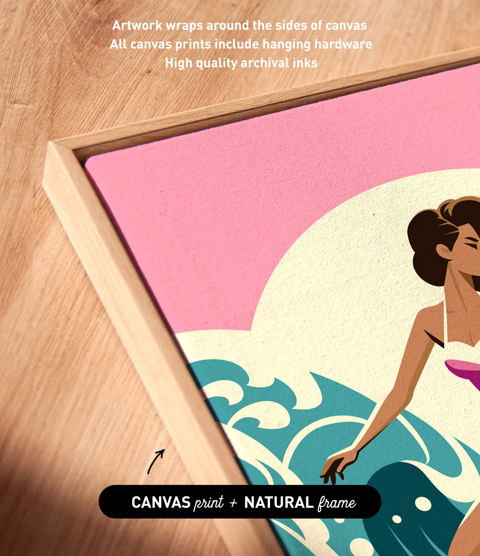 a woman in a pink dress standing in front of a seascape with a wave, and the artwork wraps around the sides of the canvas.
