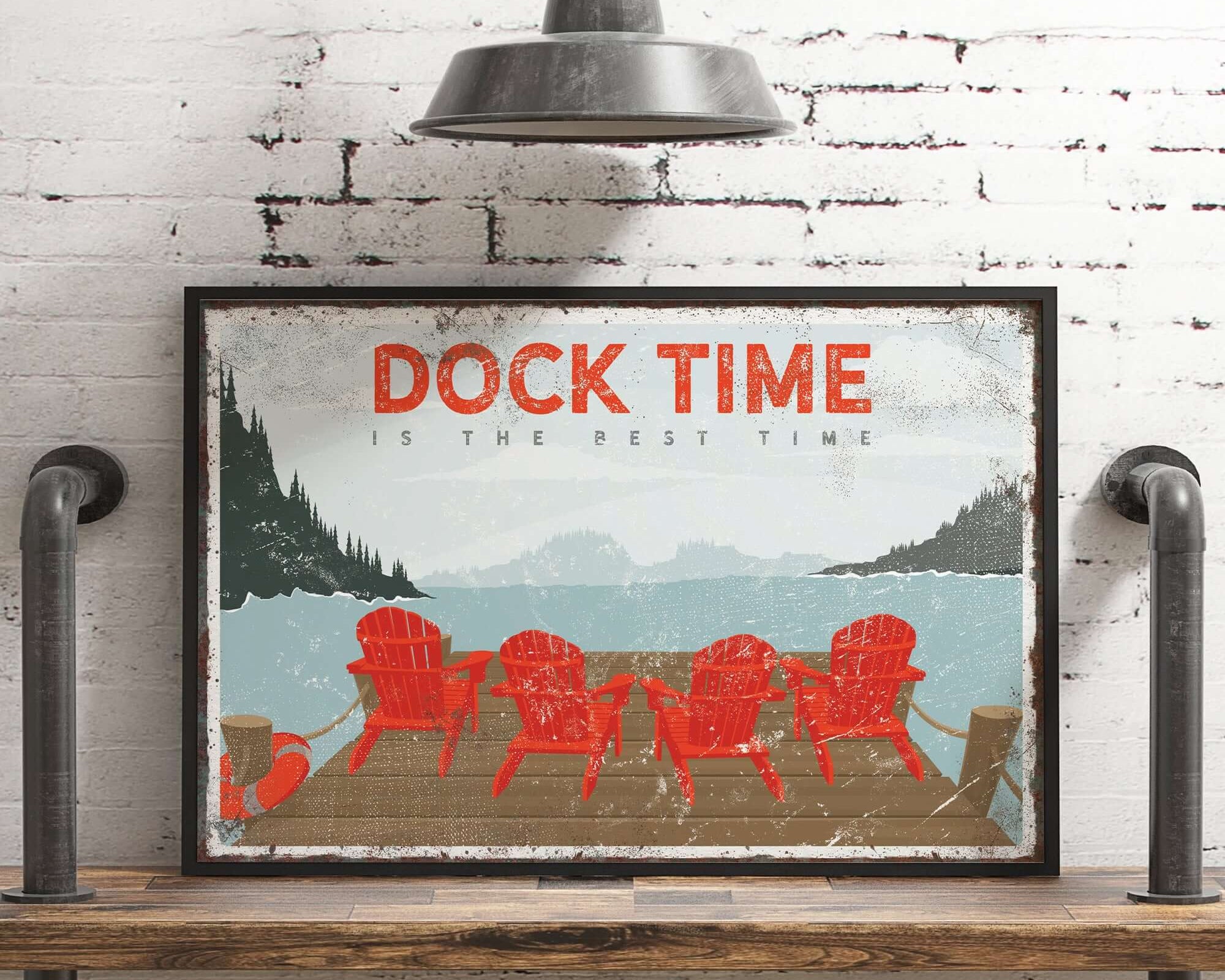 a picture of a dock time poster hanging on a brick wall