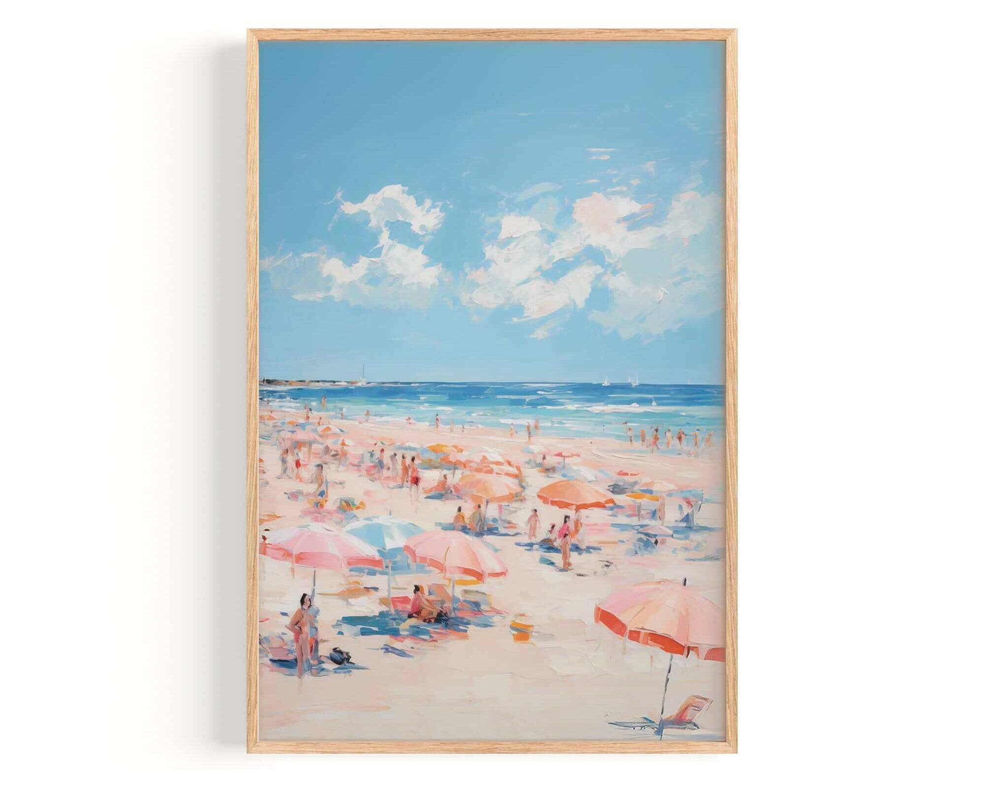 a lively beach scene with numerous people enjoying the sunny day under colorful umbrellas.