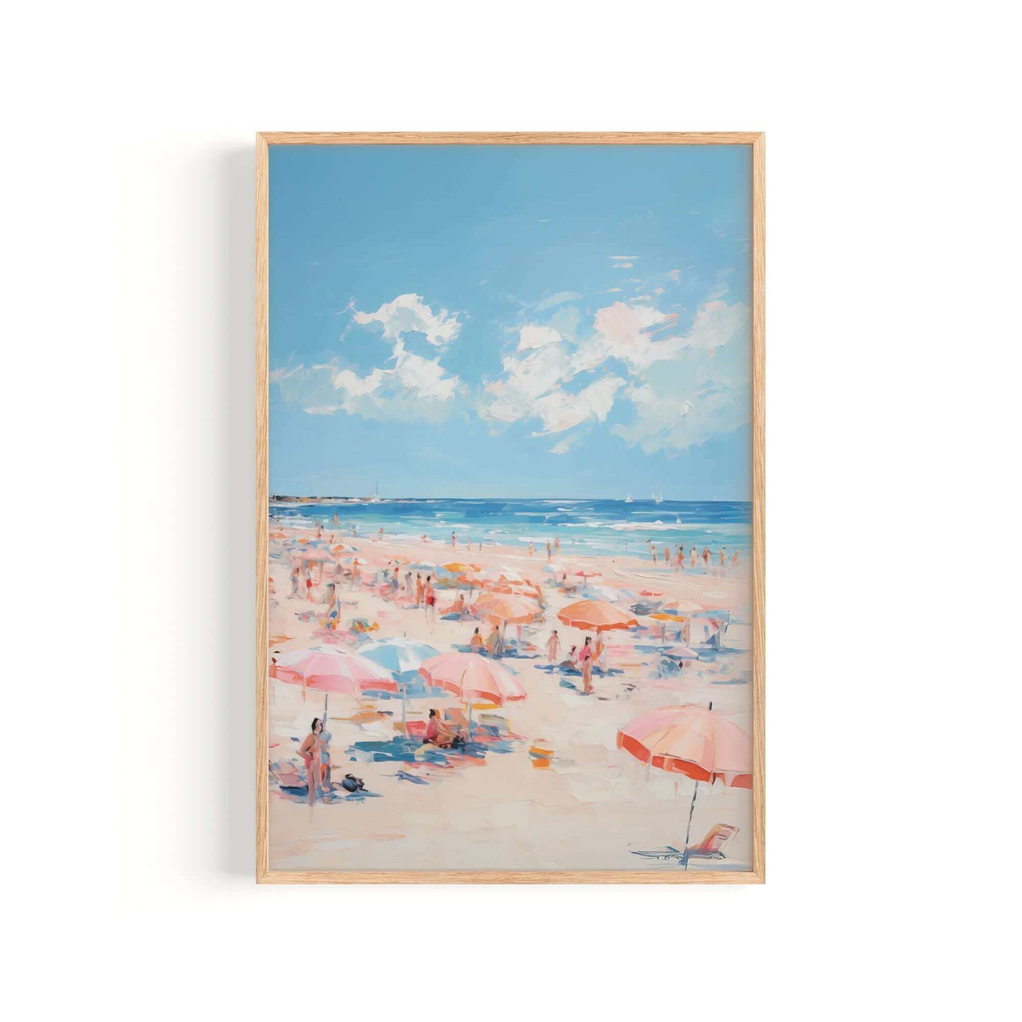 a lively beach scene with numerous people enjoying the sunny day under colorful umbrellas.