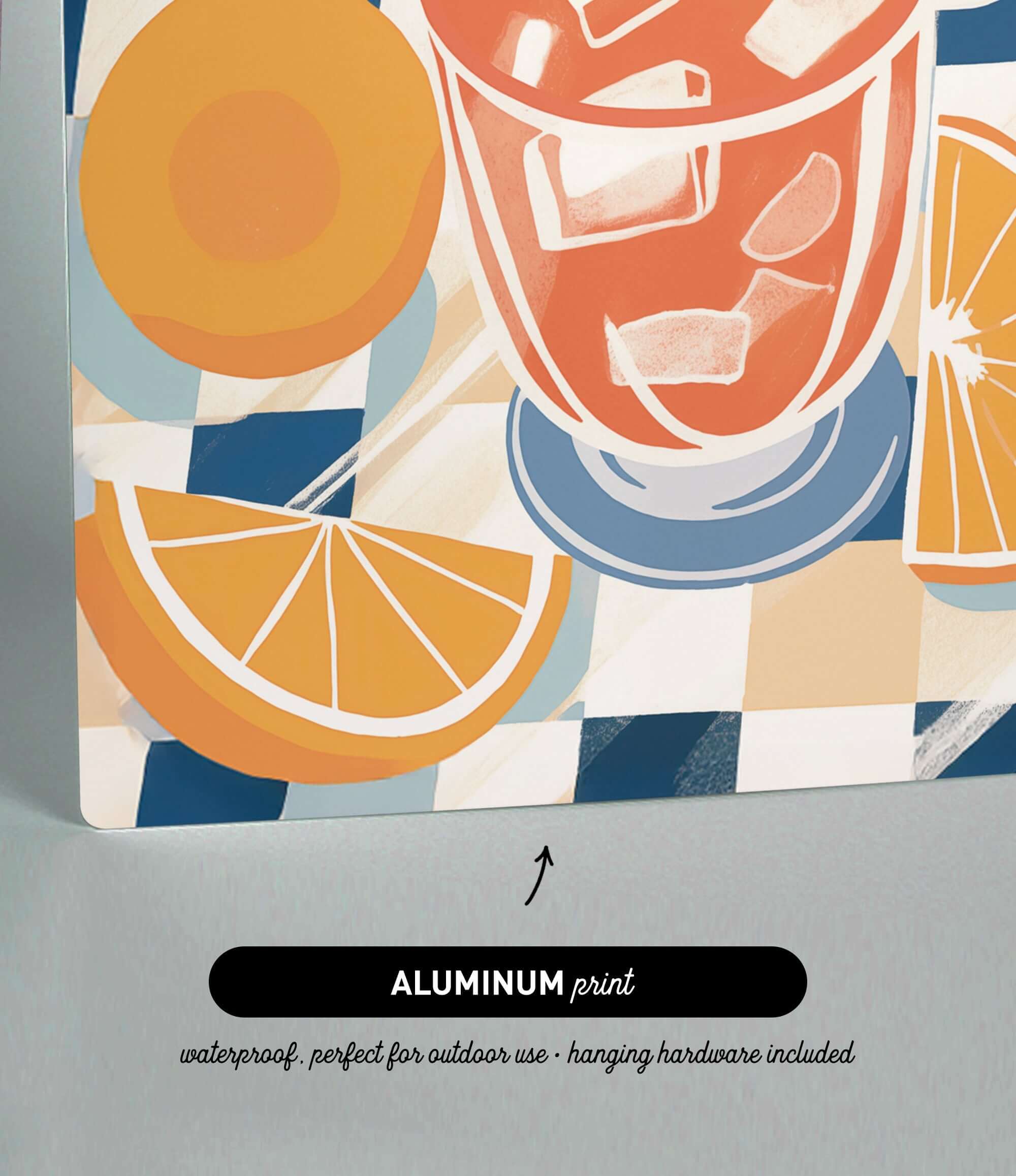 The image is an aluminum print featuring a vibrant illustration of a glass of orange juice with slices of orange and ice cubes.