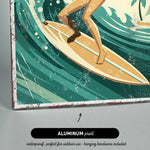 a surfer riding a wave on a surfboard, with a palm tree and ocean in the background.