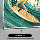 a surfer riding a wave on a surfboard, with a palm tree and ocean in the background.