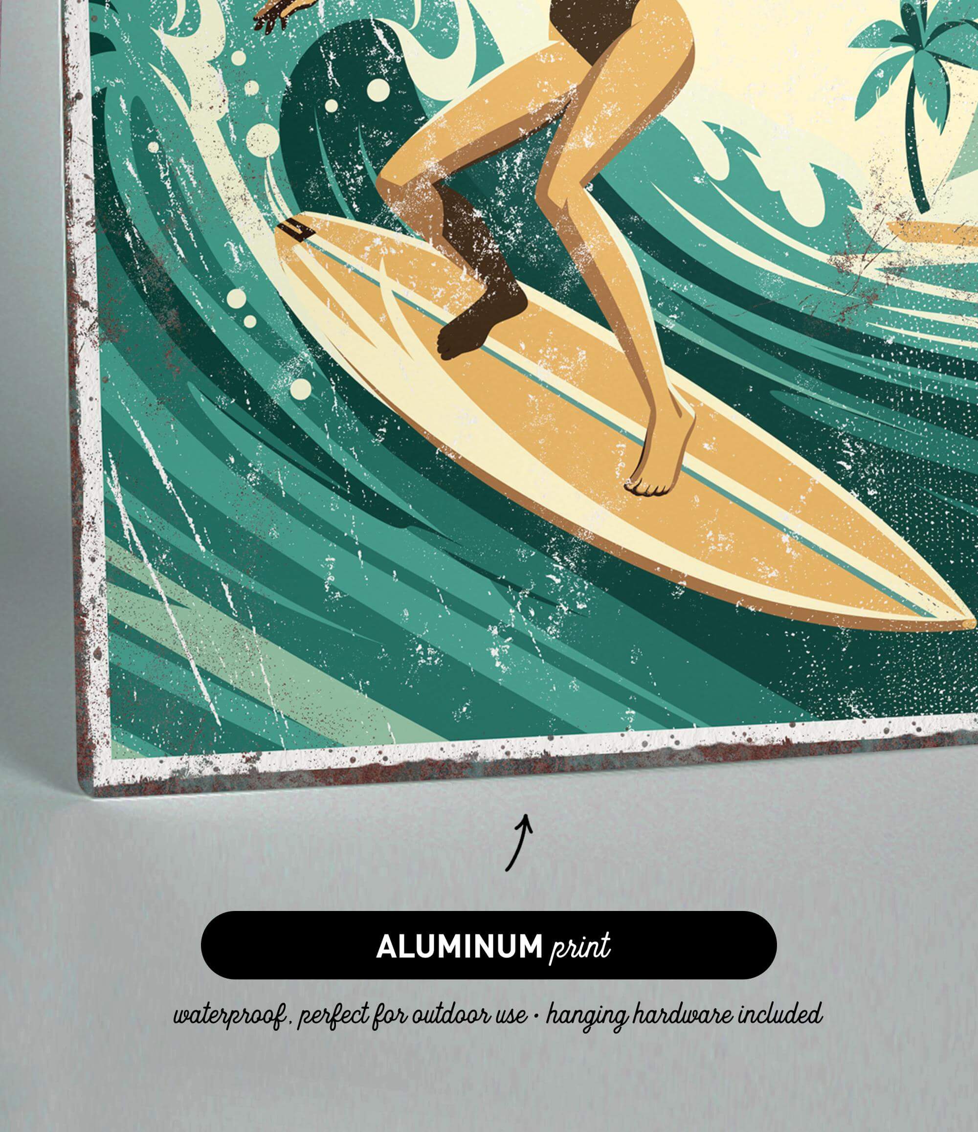 a surfer riding a wave on a surfboard, with a palm tree and ocean in the background.