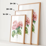 three framed prints of a floral design, each with a different size and frame. The prints are arranged in a row, with the largest print on the left, the medium-sized print in the middle, and the smallest print on the right. The prints are framed with wooden borders, and the sizes of the prints are indicated by the numbers 24, 36, and 16 on the left, 20, 30, and 24 on the middle, and 16, 24, and 30 on the right.