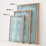 three framed signs with text, likely providing information or instructions related to a lake house or similar location.