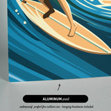 A surfer riding a wave on a surfboard, with a text overlay indicating that the image is an "ALUMINUM print" that is "waterproof, perfect for outdoor use - hanging hardware included".