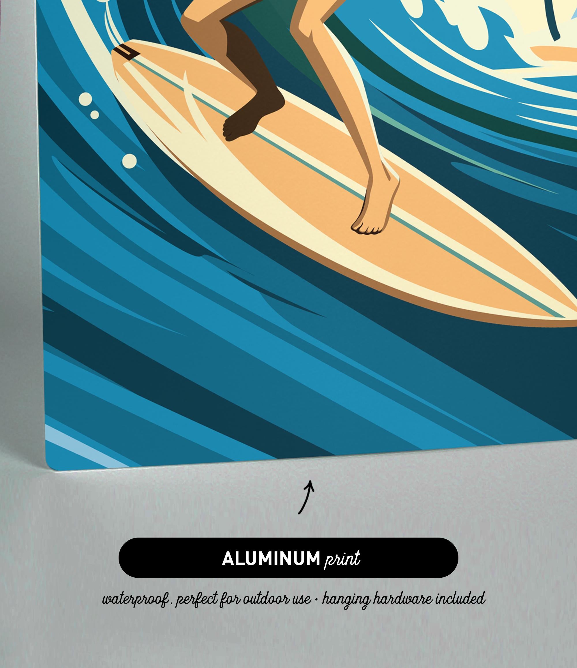A surfer riding a wave on a surfboard, with a text overlay indicating that the image is an "ALUMINUM print" that is "waterproof, perfect for outdoor use - hanging hardware included".