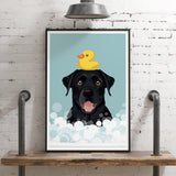 A framed illustration of a black dog with a yellow rubber duck on its head, set against a blue background with white bubbles.
