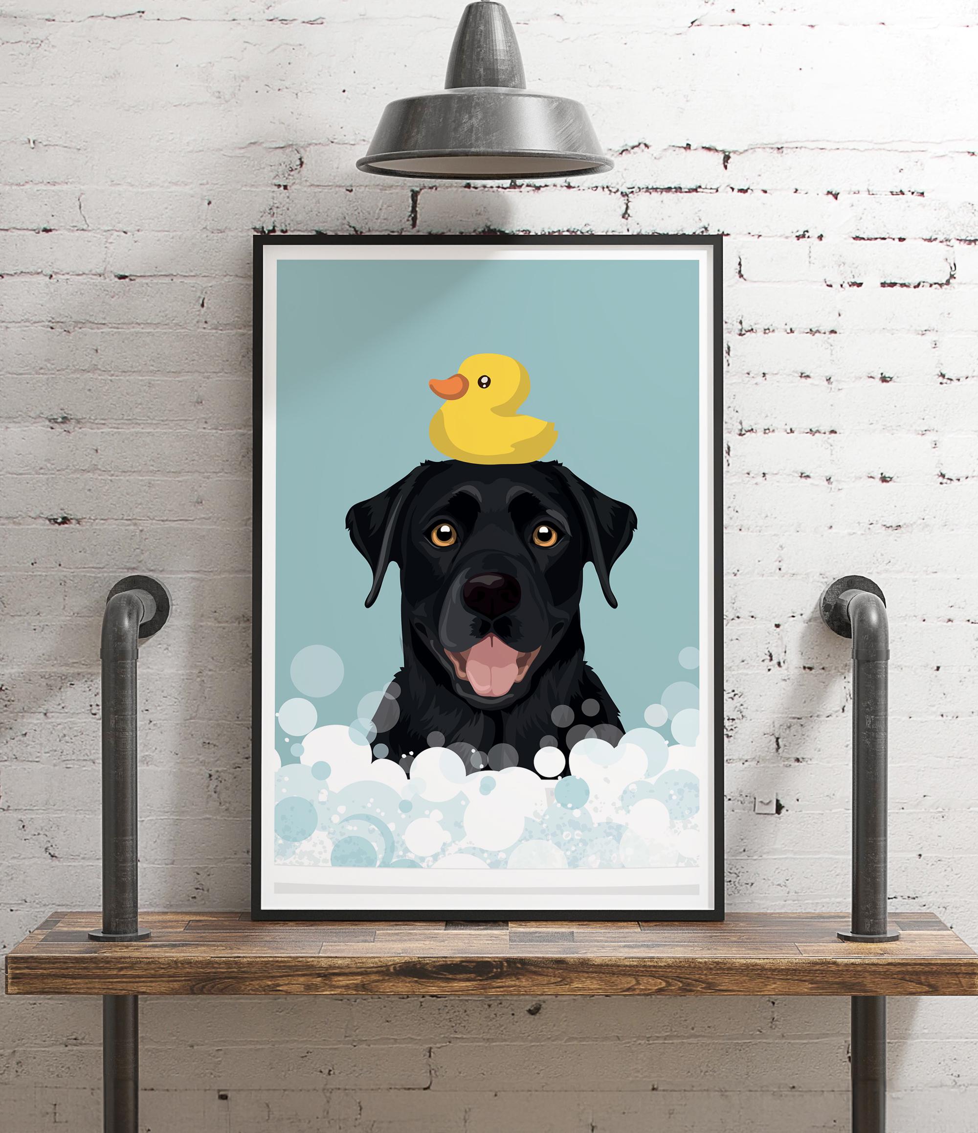 A framed illustration of a black dog with a yellow rubber duck on its head, set against a blue background with white bubbles.