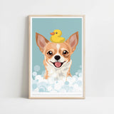 A framed illustration of a dog with a yellow rubber duck on its head, both appearing to be in a bathtub filled with bubbles.