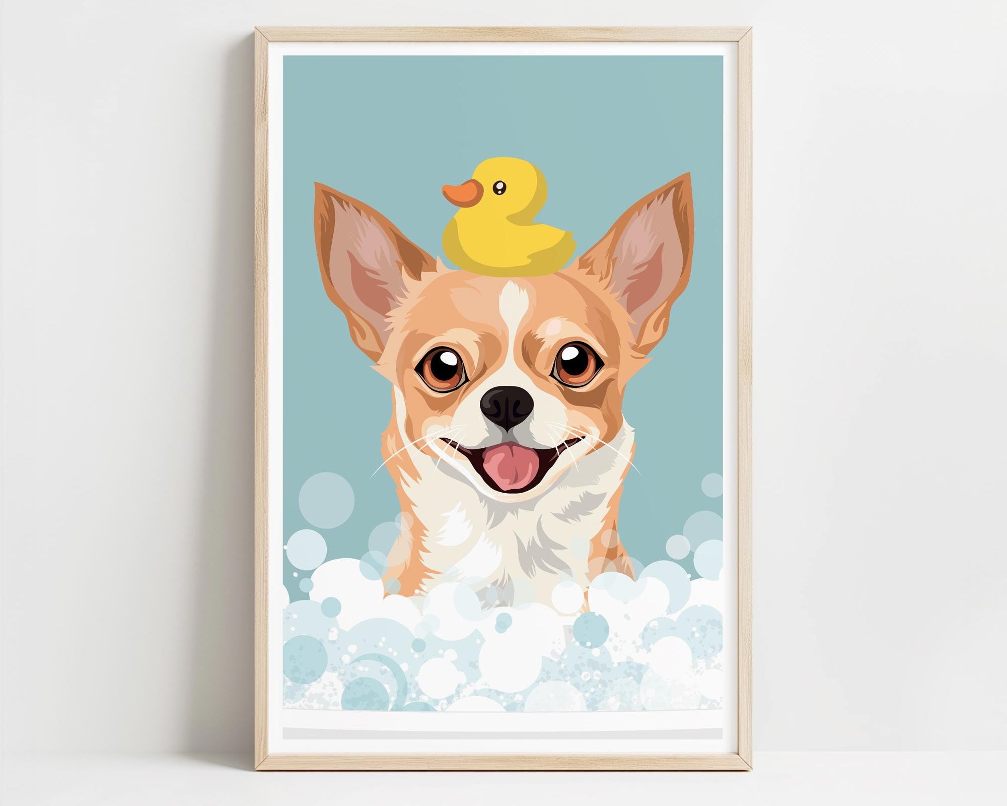 A framed illustration of a dog with a yellow rubber duck on its head, both appearing to be in a bathtub filled with bubbles.