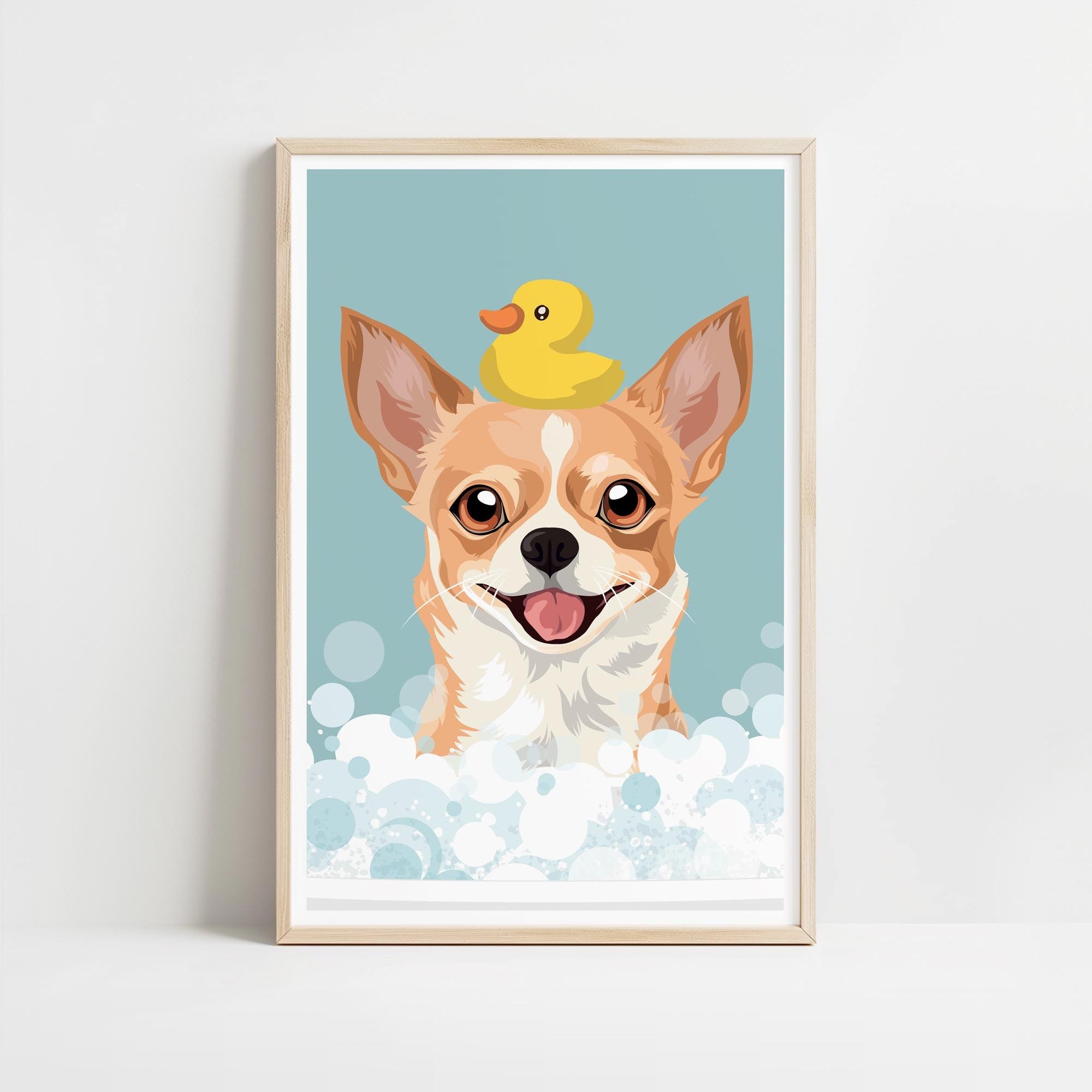 A framed illustration of a dog with a yellow rubber duck on its head, both appearing to be in a bathtub filled with bubbles.