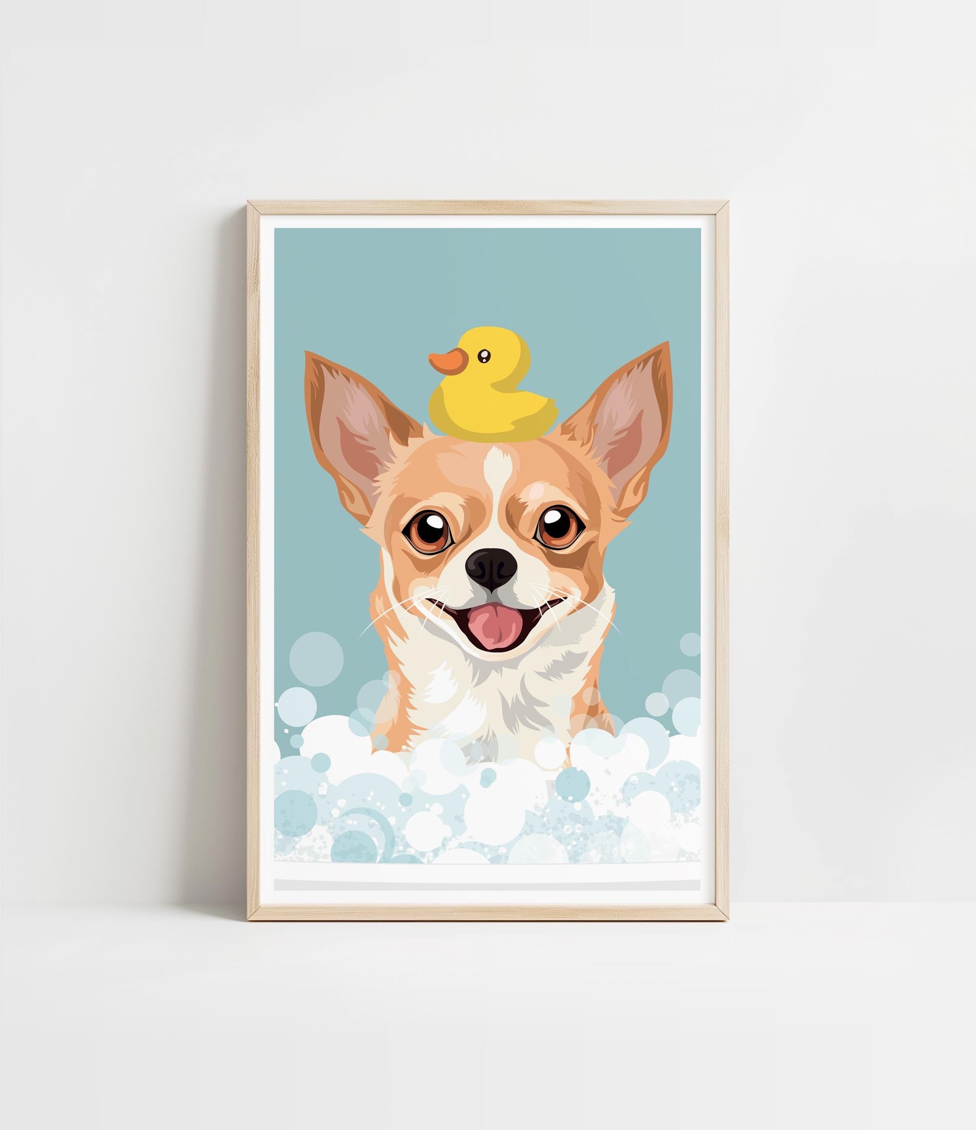 A framed illustration of a dog with a yellow rubber duck on its head, both appearing to be in a bathtub filled with bubbles.