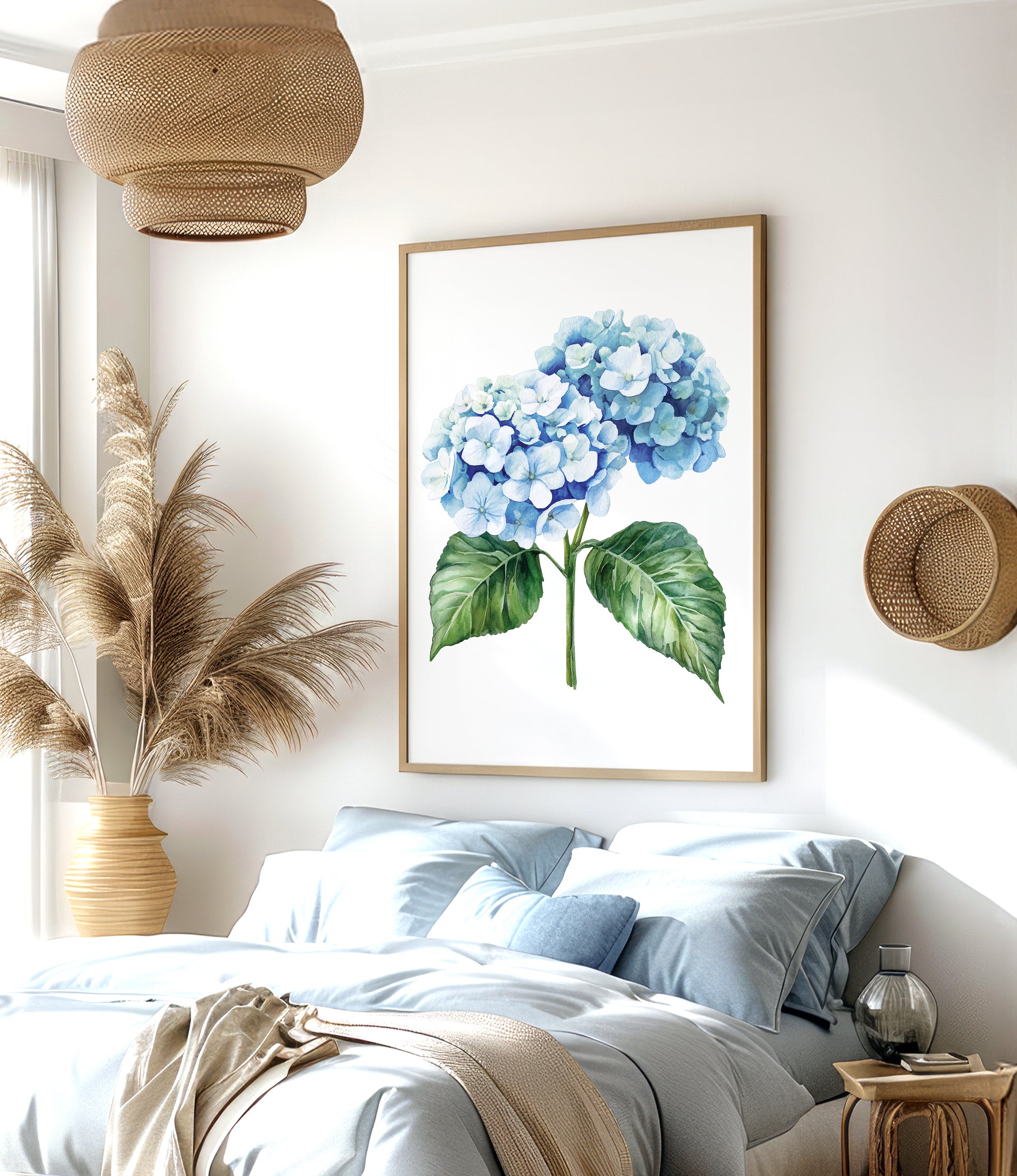 a serene bedroom scene with a large framed print of a blue hydrangea flower hanging on the wall above a bed with blue and white bedding. The room also features a woven basket, a potted plant, and a wooden nightstand with a vase.