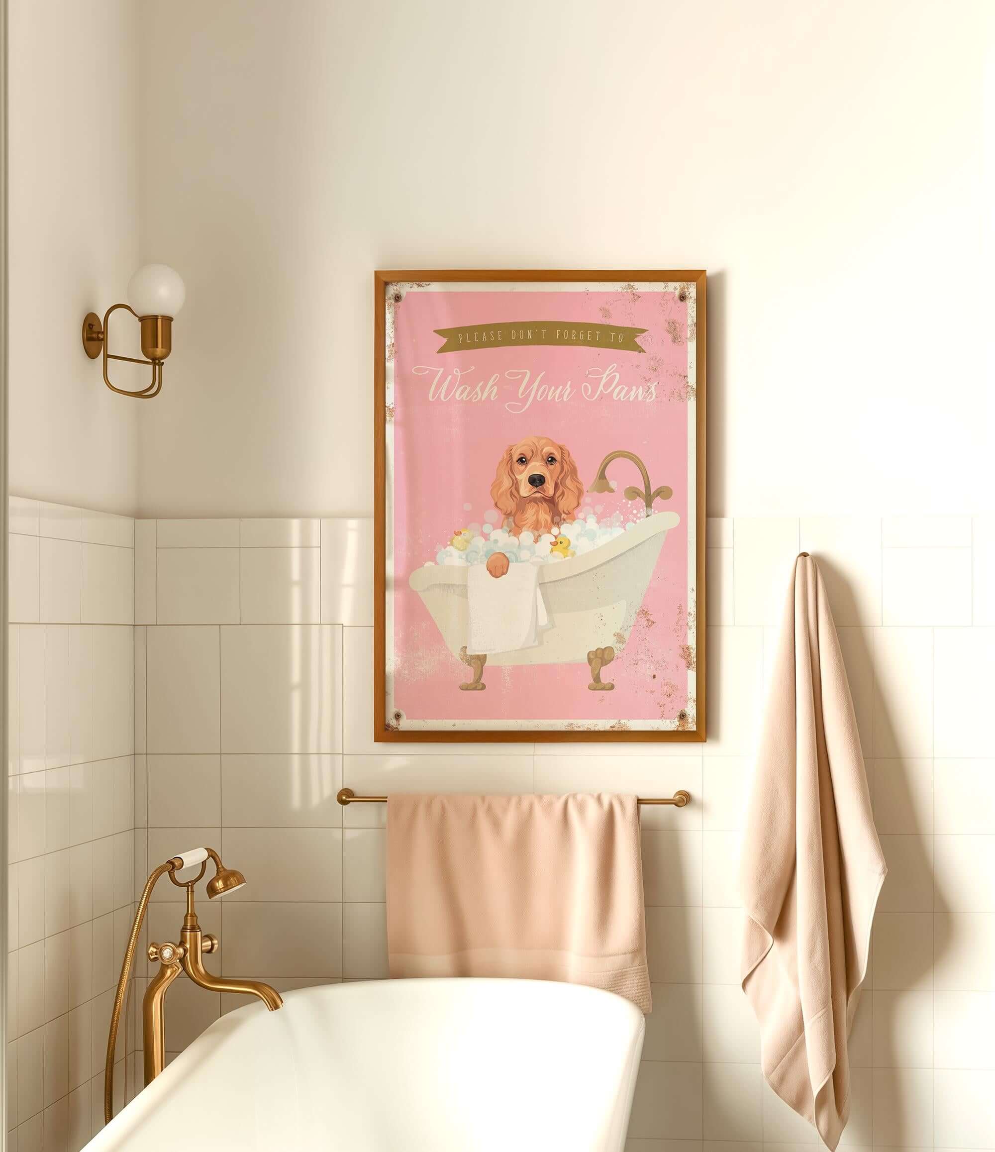 A framed poster with a dog sitting in a bathtub, accompanied by the text "Please don't forget to wash your paws" is displayed in a bathroom.