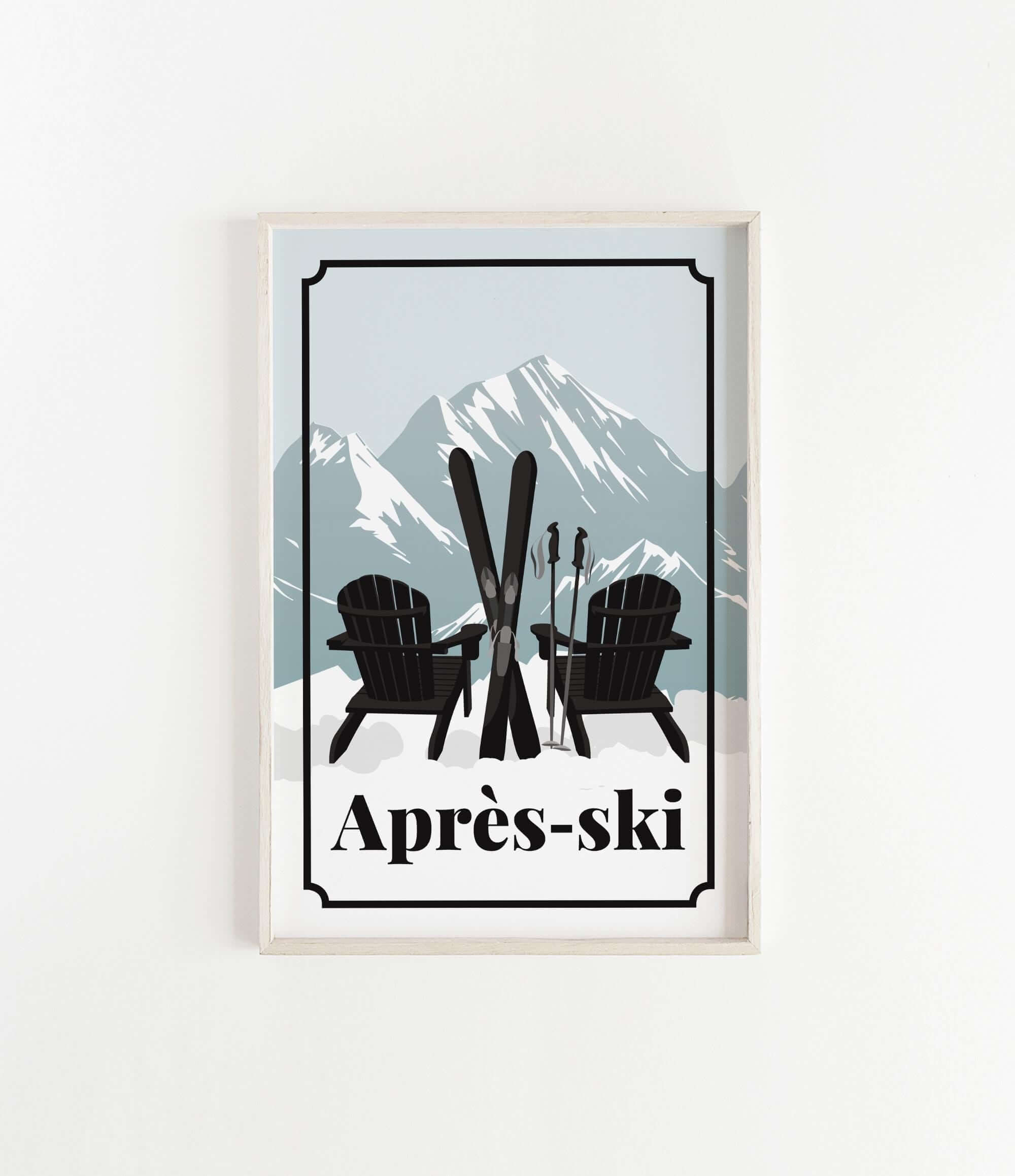 A framed print featuring a pair of black Adirondack chairs with skis crossed in front of them, set against a snowy mountain landscape.
