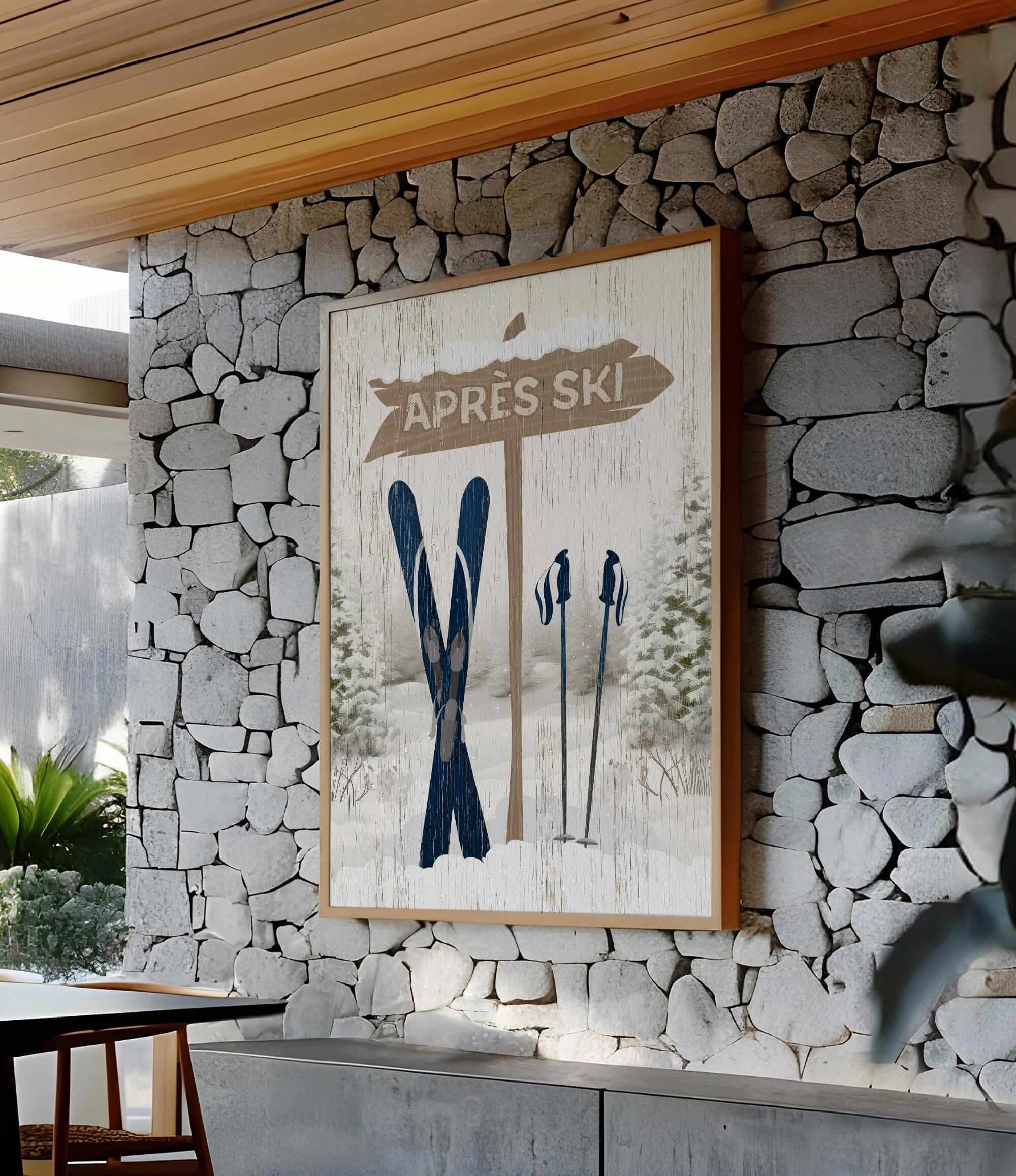 a picture of skis hanging on a stone wall