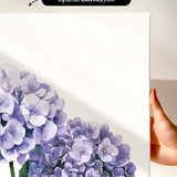 a hand holding a white canvas print of a watercolor painting of purple hydrangeas.
