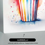 The image is an aluminum print featuring a colorful striped cup with watercolor splashes.